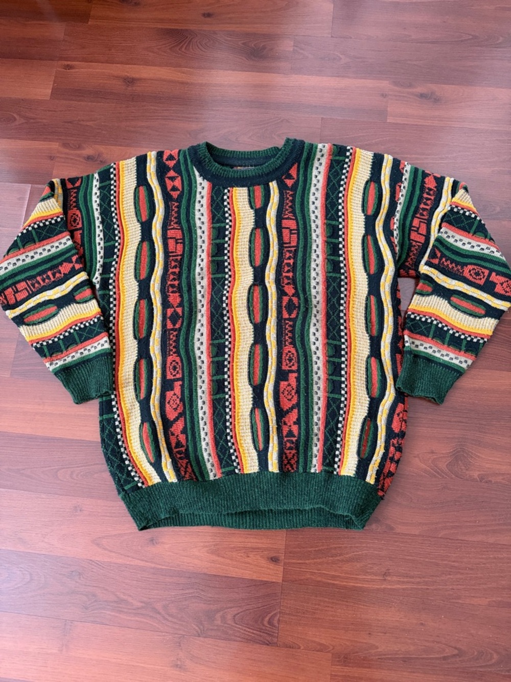 Vintage COOGI Like Agenda Men's Green Multicolor Striped Crewneck Sweater
